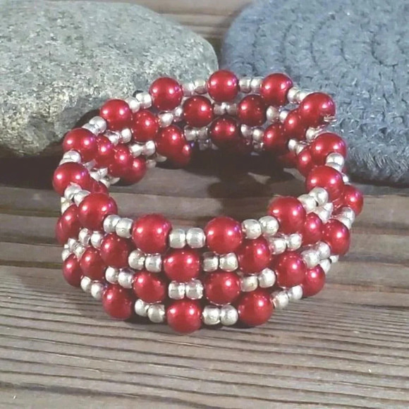 Hand Crafted Medium Red Glass Pearl Silver Beads Wrap Bracelet - Picture 1 of 5
